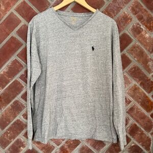 Polo Ralph Lauren Mens V-Neck Long Sleeve T-Shirt‎ Heather Grey Cotton Large